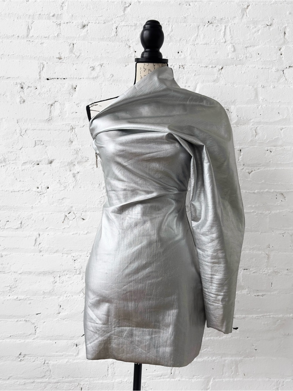 Rick Owens Stage F/W 2022 Metallic One-Shoulder Mini Dress | US 4 | Silver